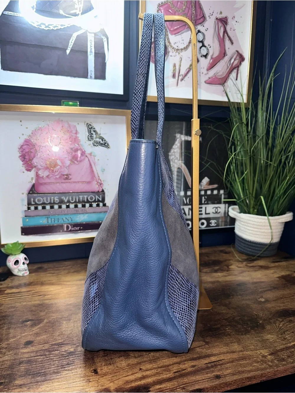 Tory Burch Chevron Color-Block Tote Blue Suede Pebbled Leather